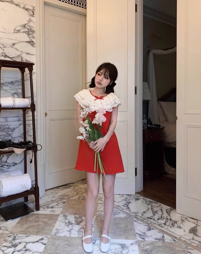 赤 リボン フリル ワンピース シンプル ガーリー Xs可愛い Loveysmileshop