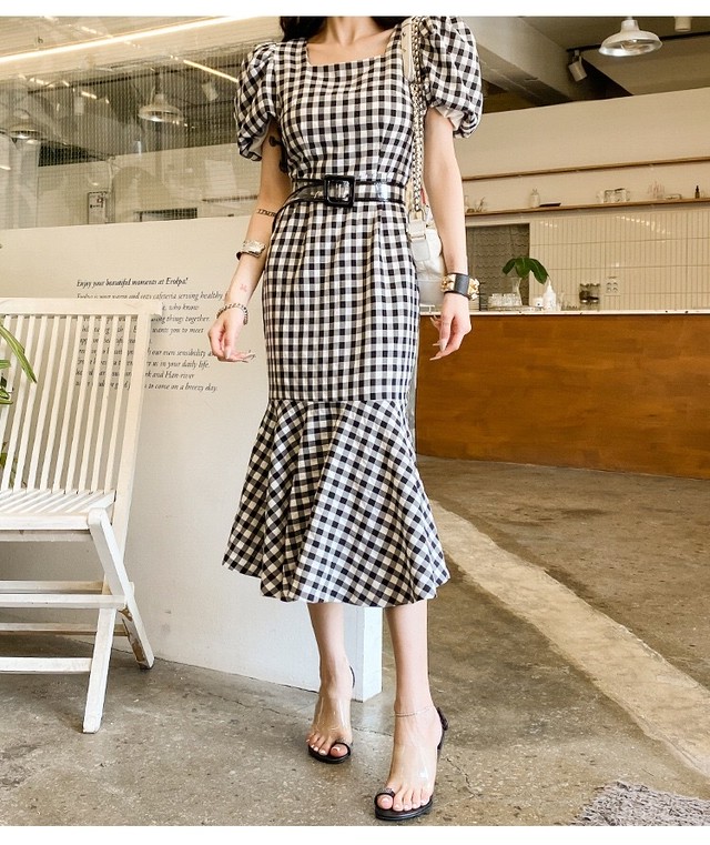 スクエアネックチェック柄ワンピース Viviann