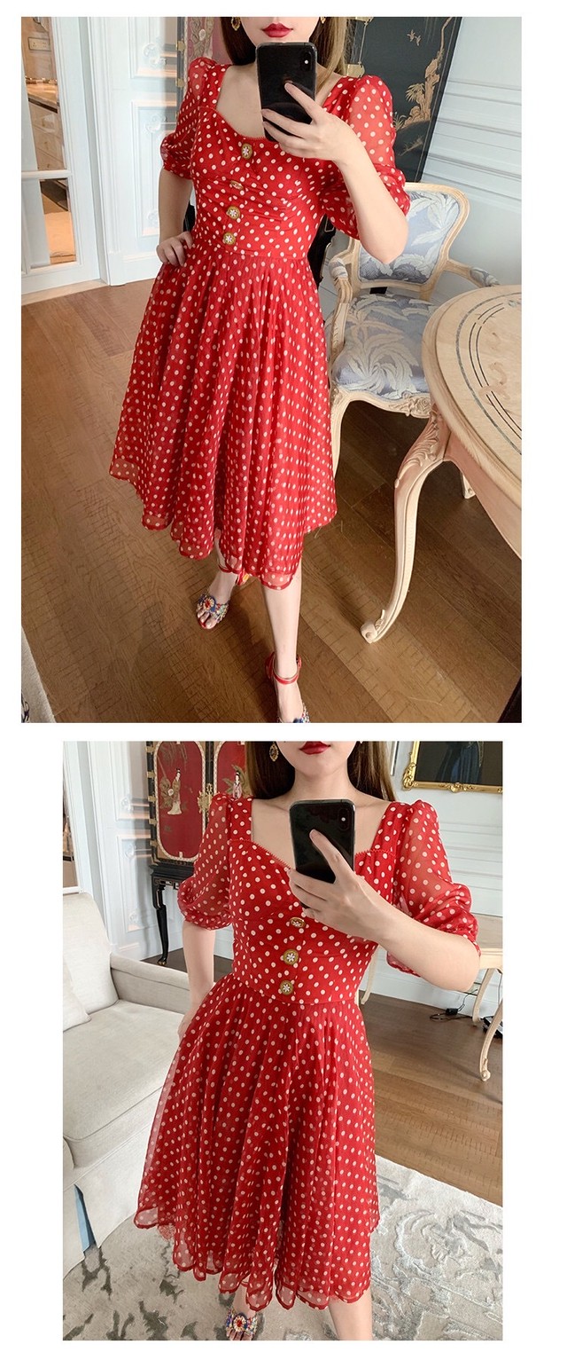 わずか 赤 ワンピース ドット 水玉 ワンピース ブラウス マキシ フレア スカート ボタン 花柄 Loveysmileshop