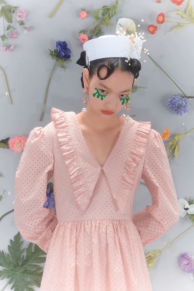 ピンク デカ襟 ブラウス ワンピース フレア スカート Xs ガーリー Loveysmileshop