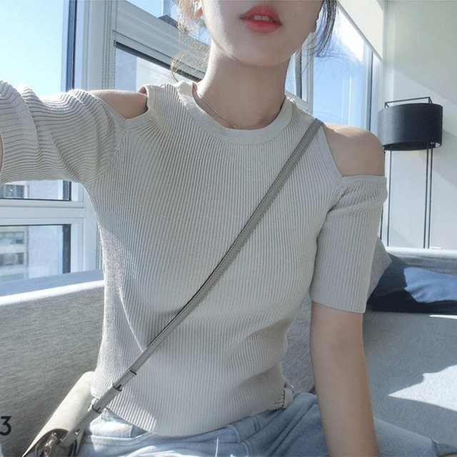 オープンショルダー 肩出し ニット 半袖 オフショル トップス シンプル 着回し 春 秋 代 30代 デート お出かけ 旅行 Ch0391 Girls Ladies Fashion ユーユアユー
