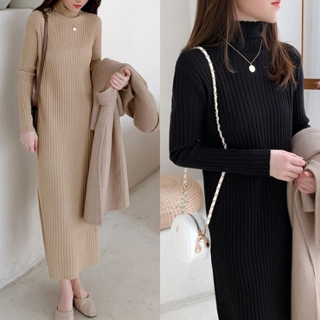 ハイネック ニットワンピース ロング 冬 韓国 ファッション レディース 冬服 上品 冬ワンピース ニット ロングワンピース ベージュ 黒 ワンピース リブニット ストレッチ ニットロングワンピー 韓国 ワンピ オルチャン ファッション Vestito