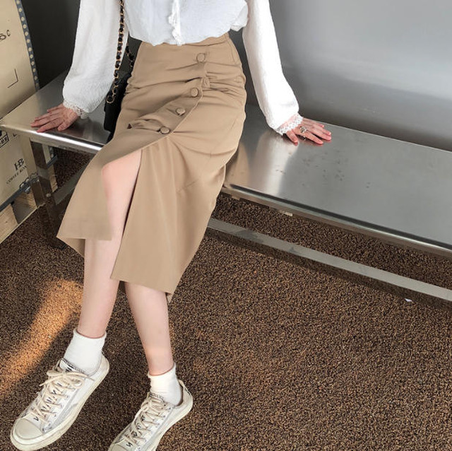 2色 タイトスカート ロング ラップ ハイウエスト スリット 大人可愛い カジュアル レトロ 大人可愛い 韓国 オルチャン ファッション Cocotown