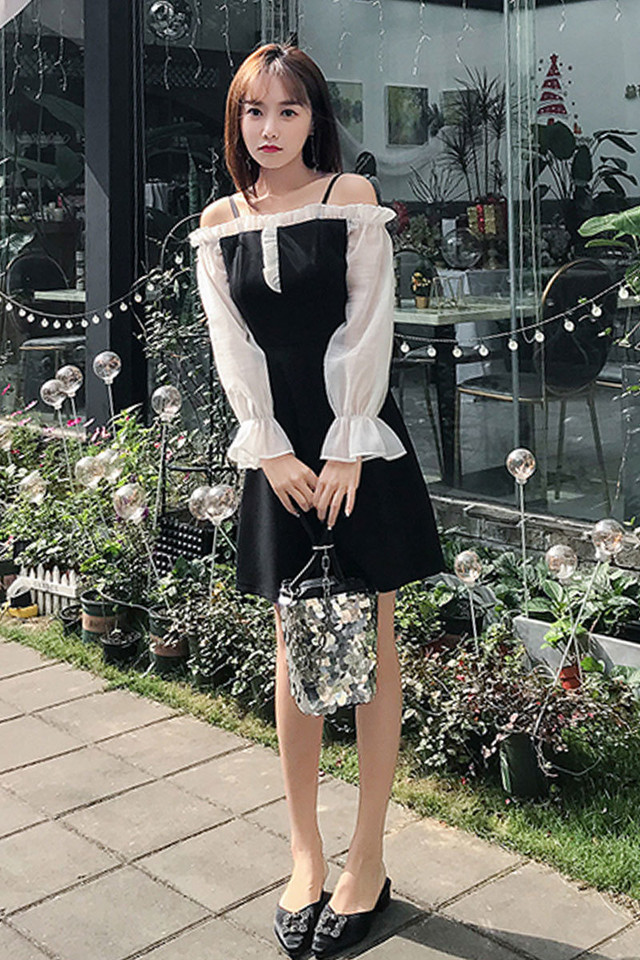 送料無料 ワンピース ミニ丈 オフショルダー オフショル 長袖 フリル袖 無地 Aライン 大人可愛い 春夏 お出かけ デート女子会 Fsk0614 Alice Mode