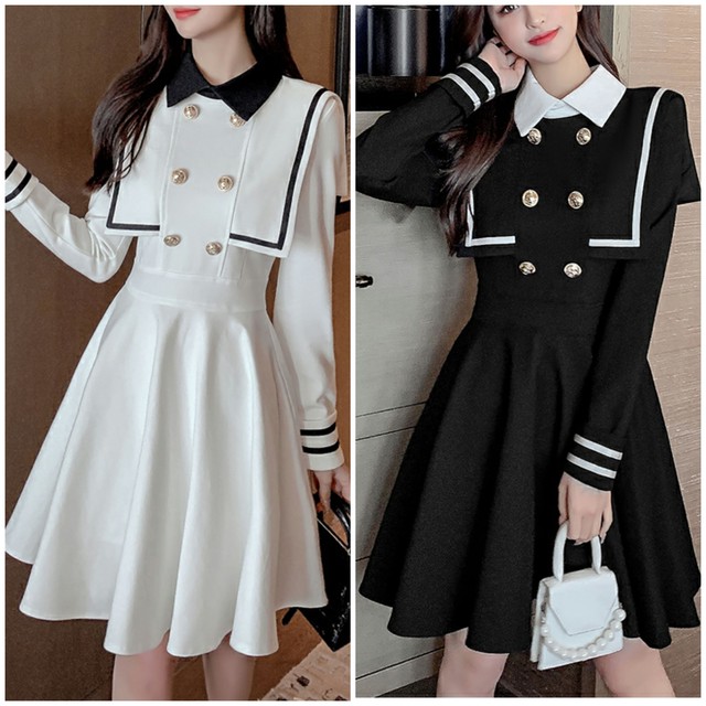 ワンピース レディース セーラーワンピース セーラーカラー ダブルボタン ひざ丈 フレア Aライン 長袖 ツートン バイカラー 無地 ジップ Adono アドゥーノ