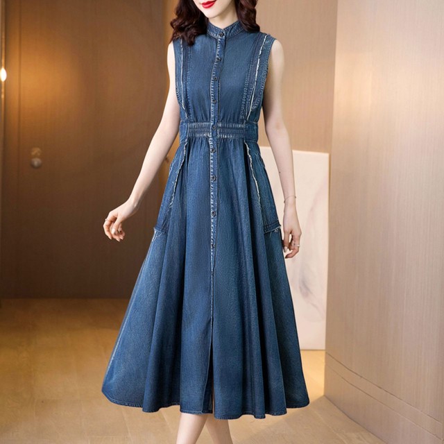 レディース デニム ロングワンピース 大きいサイズ デニム ワンピース 夏 ノースリーブ ロング丈 レトロ ａライン ガーリー お出かけ Gratias