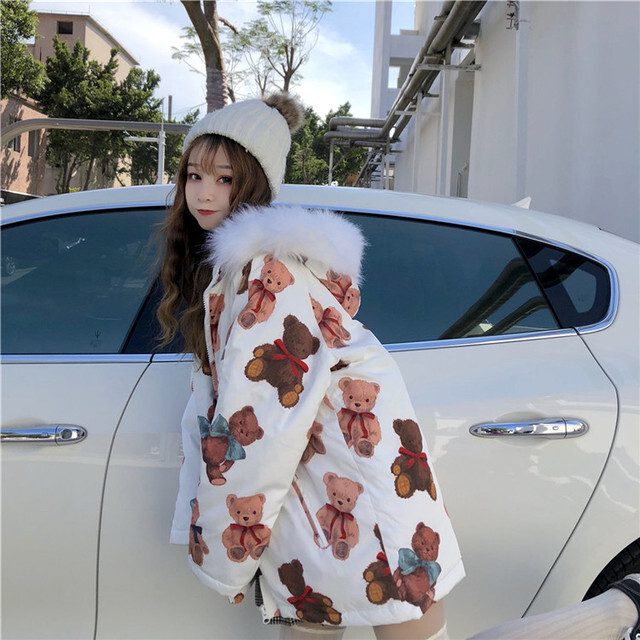レディースファッション アウター コート ブルゾン ジャケット フード付き くまさんプリント ゆめかわ ｇｄｒ