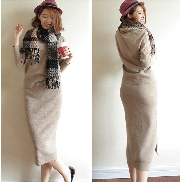 予約販売 セットアップ レディース スカート ミドル丈 スカートスーツ タイトスカート ウール ニット ウールニット スリム 長袖 無地 ベージュ ブラック グレー 秋冬 通勤 Ol おしゃれ Favoriteselect