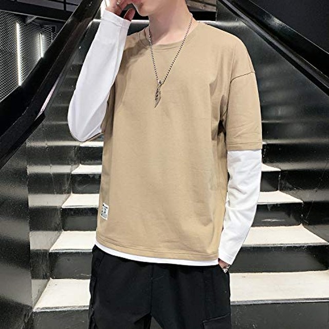 Jpcs Tシャツ メンズ 長袖 秋服 メンズ ながそでtシャツ 綿100 トップス 重ね着風 ロングtシャツ 無地 カットソー カジュアル おしゃれ ロンt 秋 冬 春 Az Japan Classic Store