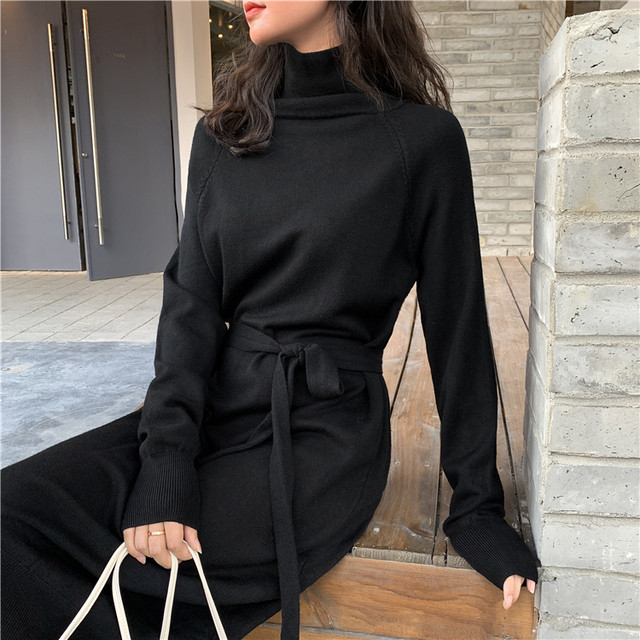 長袖 ハイネックリボンワンピース ロング 膝下 ベルト付き ウエストマーク ニットワンピース ワンピース ニット 無地 レディース カジュアル シンプル 大人可愛い 可愛い 秋 冬 秋冬 ウッディーベース1号店