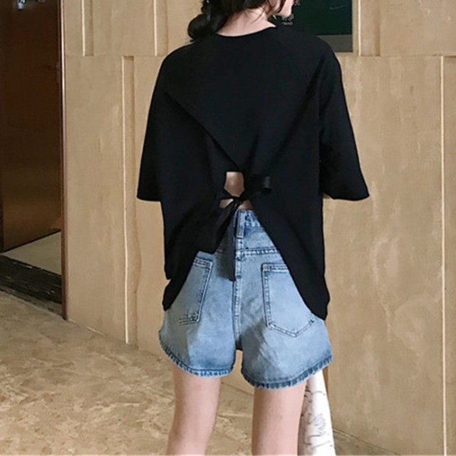Tシャツ レディース 夏服 韓国 ファッション レディース バックシャン 背中見せ 後ろリボン ｔシャツ ゆったり ビッグシルエット 夏 トップス レディース ピンク グリーン 白 黒 半袖 ｔシャツ トップス Vestito