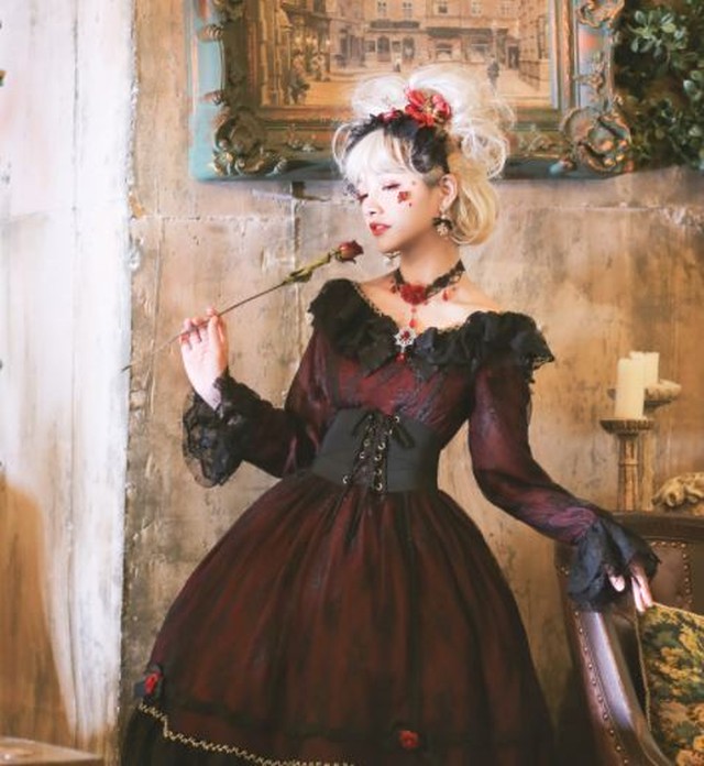 レースワンピース ワイン 長袖 春秋 春物 秋物 バイカラー エレガント クラシカル クラロリ ドレス ミディアム ひざ丈 フレア フリル かわいい きれいめ 姫ロリ 撮影 デート イベント パーティ ゴスロリ ロリータファッション Loli3818 Luxury