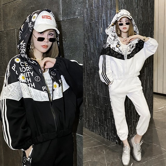 ナイロン セットアップ レディース ジャージ 韓国 ストリート ファッション レディース 秋服 ウィンドブレーカー ロゴ 花柄 ライン パーカー セット オーバーサイズ セットアップ Vestito