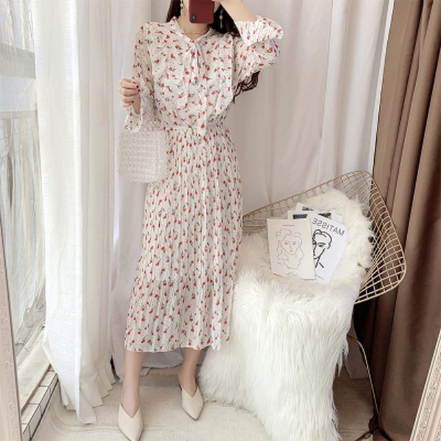 シフォンワンピース ガーリー フェミニン ワンピース 長袖 リボン 花柄 デート お出かけ プリーツスカート Ukiukionepicec