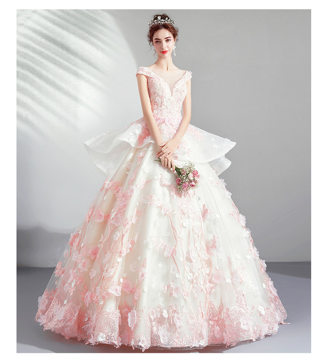 高品質 カラードレス ピンク 編み上げ ソフトチュール プリンセスライン 花柄のモチーフ刺繍が美しく 憧れのドレス Ynswedding23