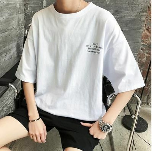 メンズ 肩落ち Tシャツ ロゴ 韓国系 バックプリント 送料無料 Jb 1