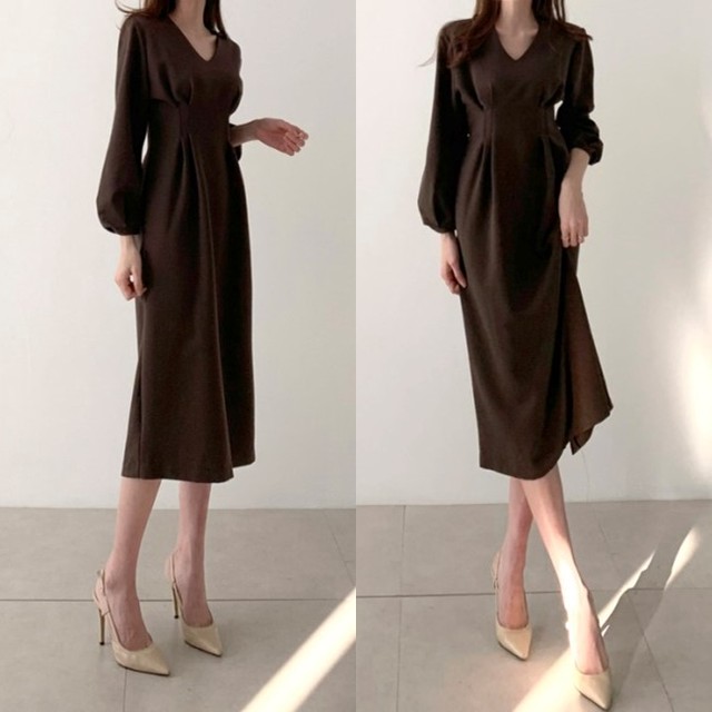 きれいめワンピ 韓国 ファッション レディース ワンピース Vネック ウエストシェイプ ミモレワンピース 春 ひざ丈 ワンピース パフ袖 清楚 上品 シック フォーマル パーティー お呼ばれ ワンピ ハイウエスト 美シルエット 大人カジュアル Vestito