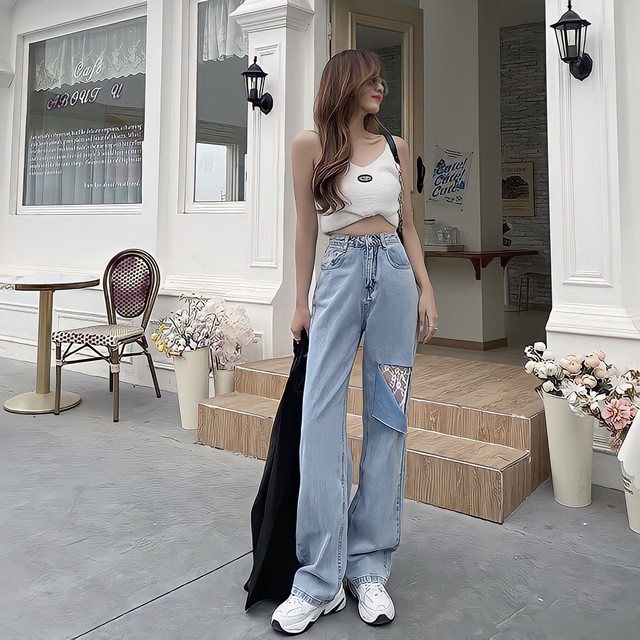 cut lace denim pants