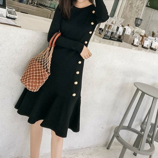 全2色 ニットワンピース フレアスカート ラウンドネック フロントボタン ひざ丈 ミディ丈 きれいめ カジュアル フェミニン 秋冬 デート お呼ばれ ワインレッド ブラック Like Fashion