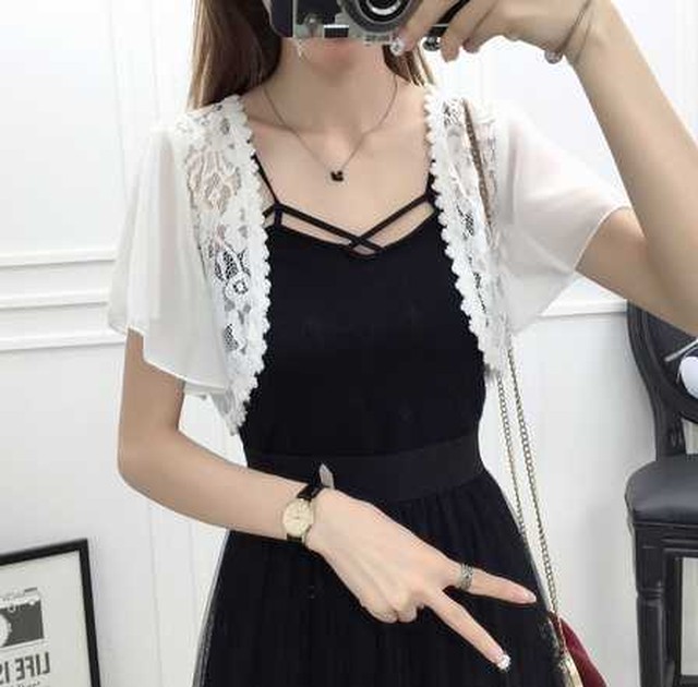 大きいサイズ 全4色 ショート丈 ボレロ カーディガン 半袖 レース フリル 春 夏 刺繍 上品 フェミニン 大人かわいい シンプル ドレス小物 シースルー 透け 長袖 上品 お呼ばれ パーティー レディース セットアップやパンツドレスなど二次会ドレスに合う海外ファッション