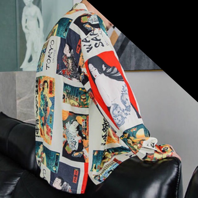 歌舞伎東京 浮世絵柄 和柄 猫柄 昭和レトロ 総柄シャツ 長袖シャツ 白系統 オーバーサイズ ビッグサイズ トップス メンズ M L Xl Xxl 前後 原宿 ストリート Kpop アート お洒落 新品 秋物