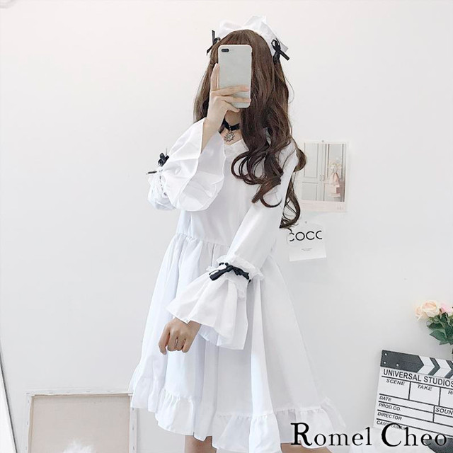 お支払い確認後日以内発送 Romelcheo ゴスロリ メイド ワンピース セット ゴシック ロリータ 服 エプロン ドレス ヘッド 白ゴス 白ロリ リボン 長袖 膝丈 大人可愛い かわいい ガーリー 原宿系 青文字系 ファッション コスプレ 衣装 ロメルチェオ Romelcheo