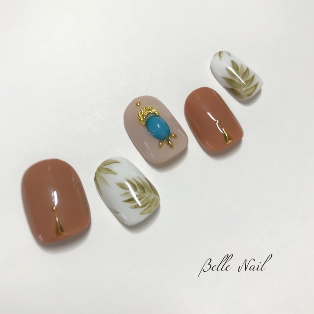 No 004 ボタニカル リーフ ベージュ ブラウン ターコイズ オシャレ 夏 Belle Nail