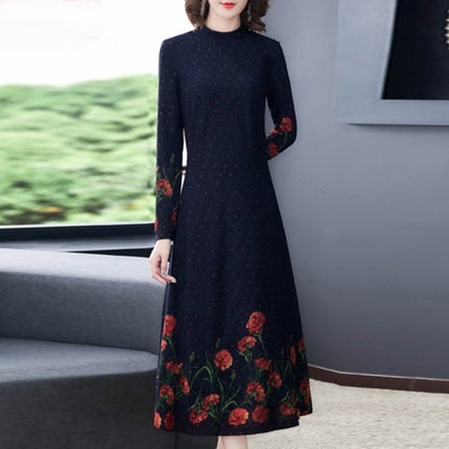 レディース ワンピース 秋 冬 長袖 ハイネック花柄ワンピース 花柄刺繍 ロング丈 ミモレ丈 マキシロング丈 クラシカル シック 上品 きれいめ フェミニン きれいめカジュアル カジュアル 秋冬 グリーン ネイビー M 4xlサイズ Ukiukionepicec
