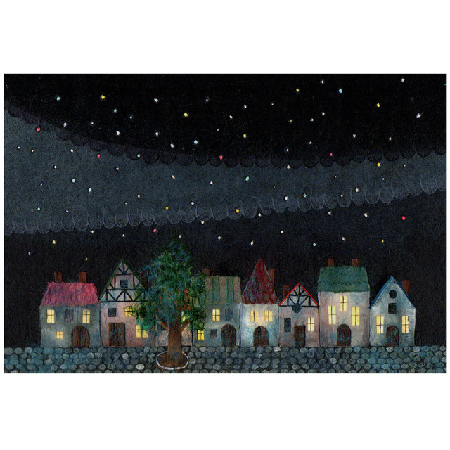 Ornament A Night 夜空には色とりどりな星 幻想的な星空に彩られる街並みのイラスト ポストカード 和紙絵工房 和紙絵作品のプリントweb通販