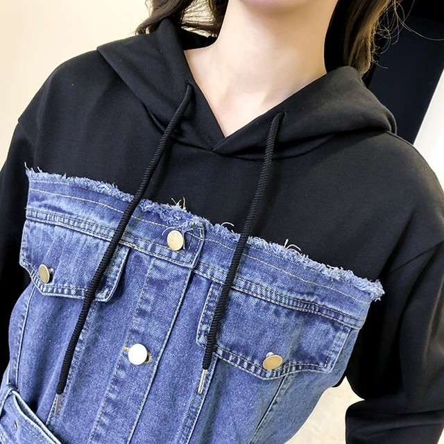 フェイクツーピースワンピース 2色 デニム スカート パーカー フェイク カジュアル 春 秋冬 Choco Chaco