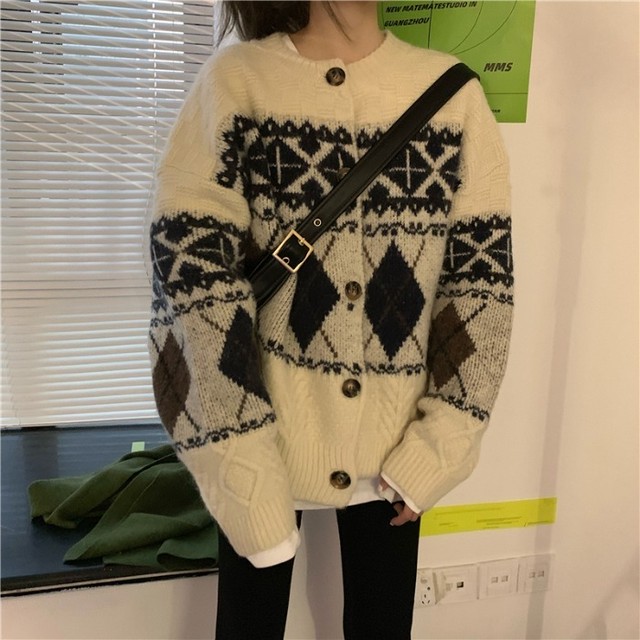 カーディガン レディース 冬 ニット レディース カーディガン 冬 ノルディック柄 ネイビー ホワイト 白 羽織り カジュアル こなれ感 Evergreen