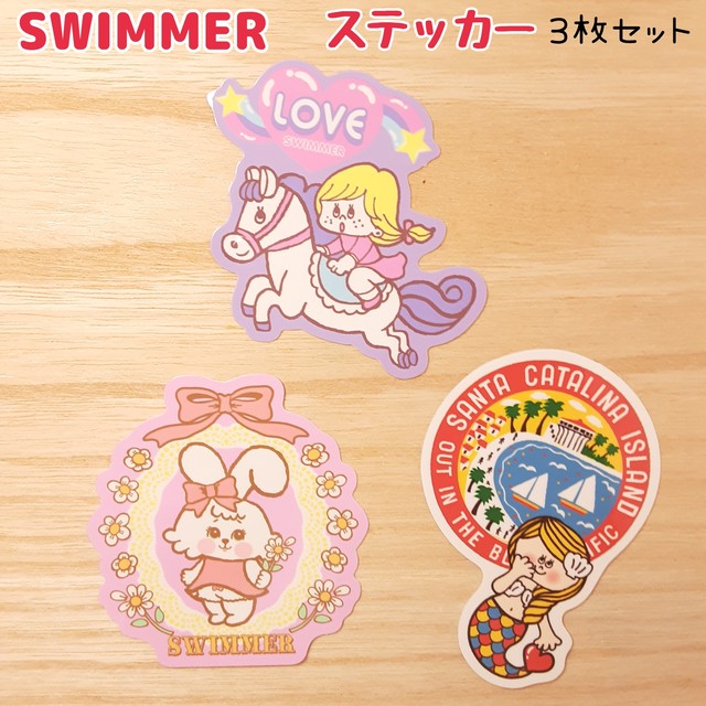 ３枚ｾｯﾄ Swimmer クマ ﾘﾎﾞﾝ ﾊｰﾄ ｿﾌﾄｸﾘｰﾑ ミニステッカー ｷｬﾗｸﾀｰ ｽﾃｯｶｰ ｽｲﾏｰ かわいい ﾊﾟｽﾃﾙ ﾚﾄﾛ Omokokoro