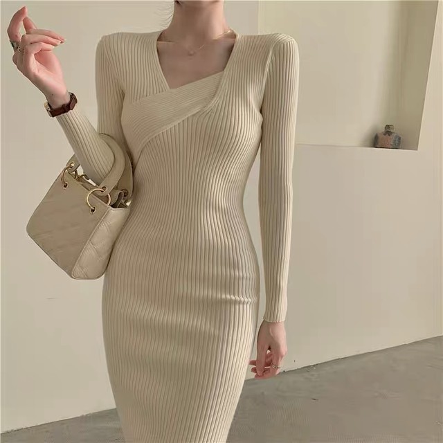 slanting neck knit dress