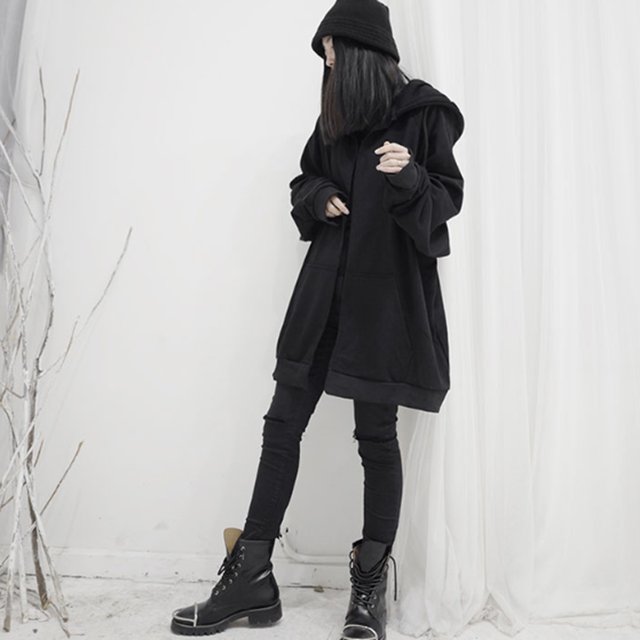 フード付き ロングパーカー ロングカーディガン レディース メンズ ユニセックス モード系 パーカー 羽織 ガウン ドロップショルダー フード ロング丈 ゴシック 韓国 原宿系 黒 ブラック 個性的 ビックシルエット オーバーサイズ お支払い後日以内に発送 Top067