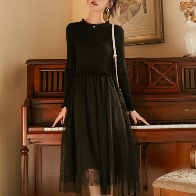 ワントーンコーデ ハイウエスト ワンピース 星柄 チュールスカート ウエスト切替 リブニット フリルネック フリル袖 異素材ミックス ロングワンピース シンプル フェミニン きれいめ カジュアル デート 女子会 お呼ばれ 韓国 オルチャン 韓国ファッション 新作 秋冬 秋 冬