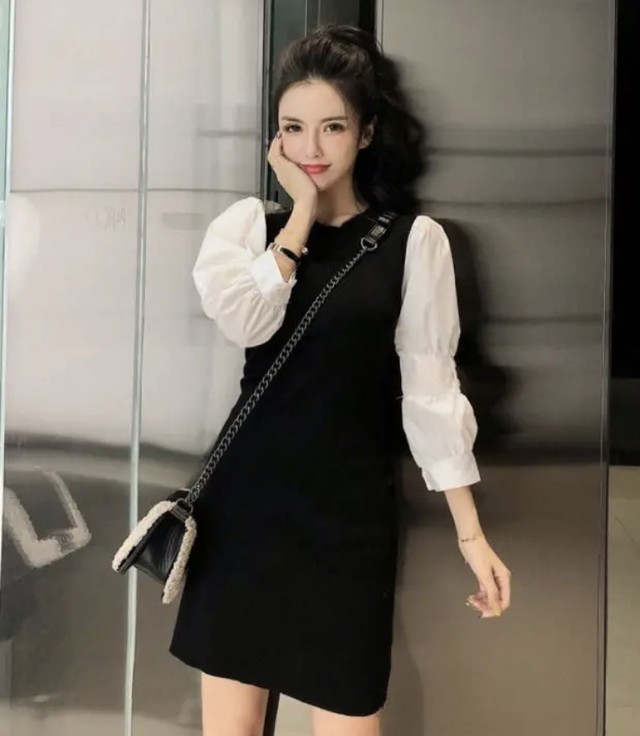 コピー 韓国 ワンピース ミニワンピ 黒 白 パフスリーブ シャツ 丸襟 ニット 異素材 Nshop1623