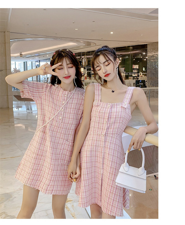 サマー ツイード風 ワンピース ピンクノースリーブ 格子柄 チェック 体型カバー ラウンドネック スリング ストラップ シンプル かわいい エレガント 上品 膝上丈 Yuod Miya