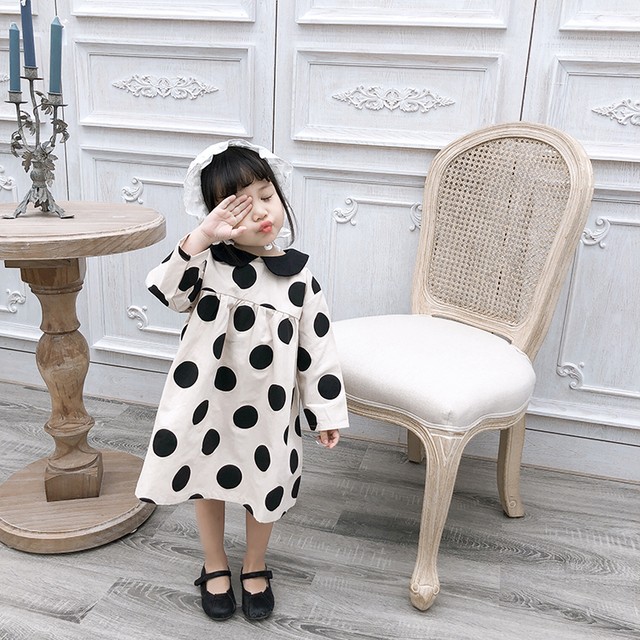 ポルカドット ワンピース ドット 水玉 ドレス 春物 春夏 春 夏 新作 襟付き モノトーン モード Aライン 子供 女の子 キッズ 子供服 可愛い おしゃれ 韓国 韓国子供服 プレゼント ギフト 贈り物 パーティー イベント ハロウィン 80 90 100 110