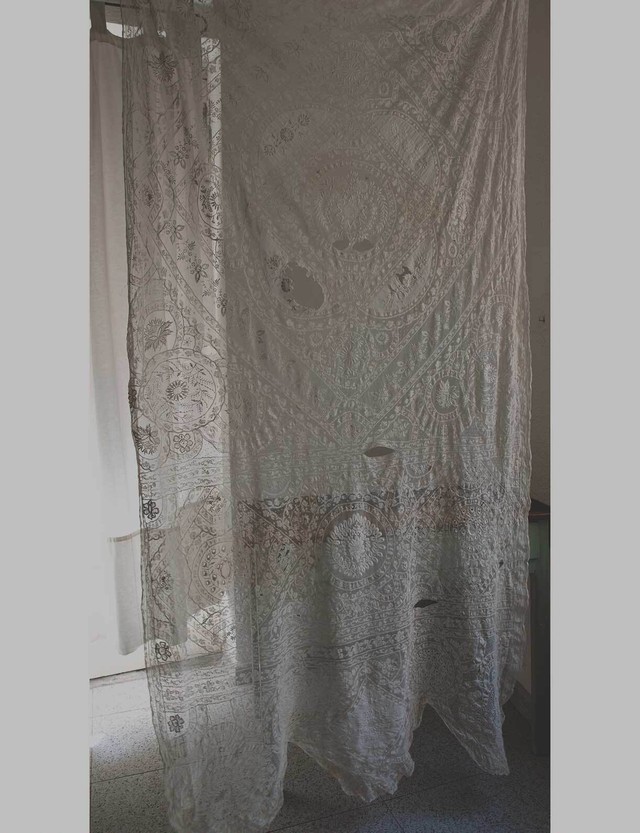 豪華総刺繍とノルマンディレース カーテン 125cm 230cm パッチワーク 手芸 フランス アンティーク H055 Glicinia 古道具店 アンティーク ヴィンテージ