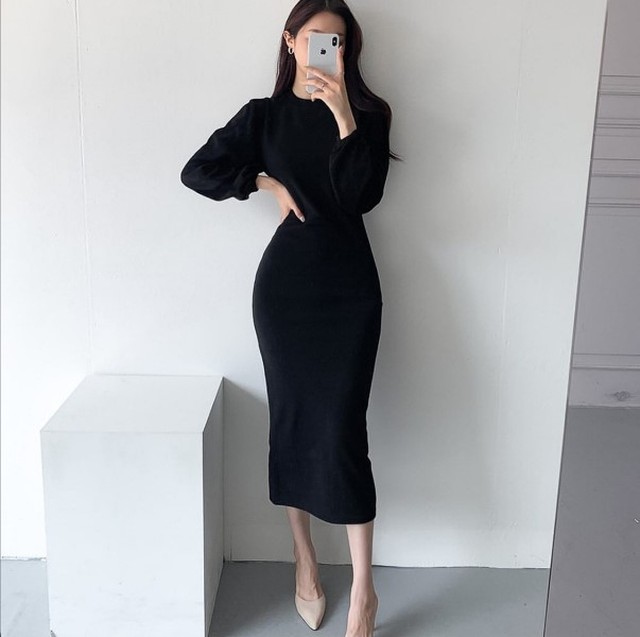 冬 ワンピース ロング 冬 韓国 ファッション 冬服 レディース カットソー スリム ロングワンピース パフスリーブ ワンピース 黒 ナチュラル ピンク ボトルネック スリット タイト お呼ばれ セクシー かわいい ワンピ Vestito