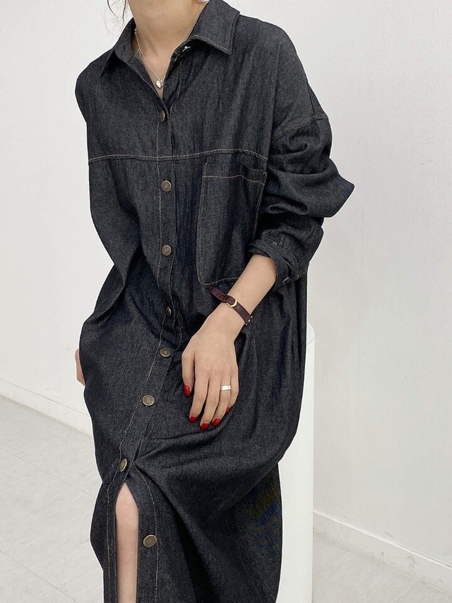 Denim Maxi Length Shirts One Piece デニムマキシ丈シャツワンピース Lilic