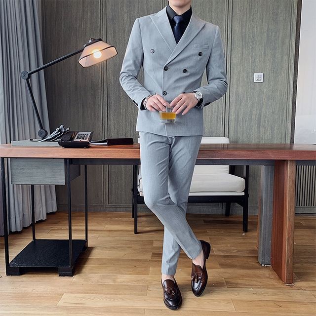 予約販売 メンズ スーツ ダブル 無地 シック ブラック ベージュ ブルー グレー ジャケット パンツ セット セットアップ パーティ 二次会 同窓会 結婚式 韓国 トレンド M L Xl 2xl 3xl 4xl Favoriteselect