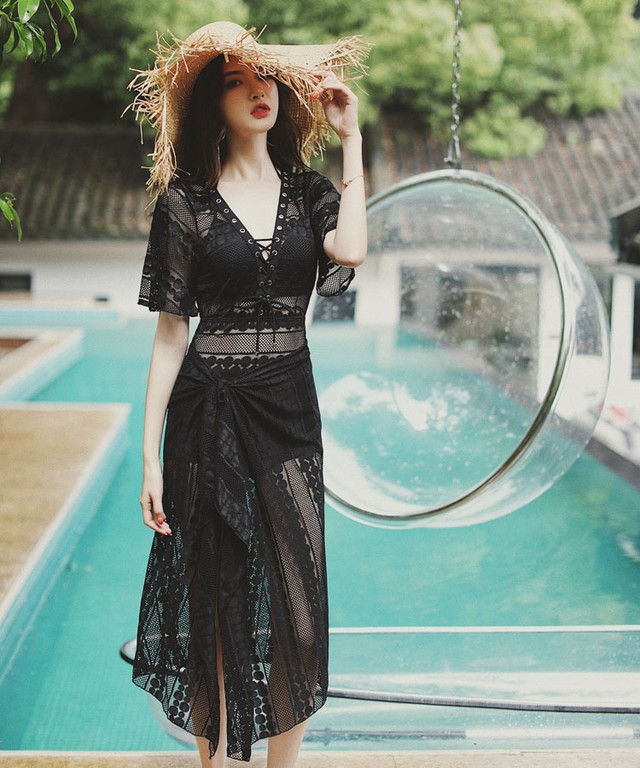 ロングドレス風 リゾートワンピース水着 2way 体型カバー ママ水着 スカート付き 大きいサイズ Lalas