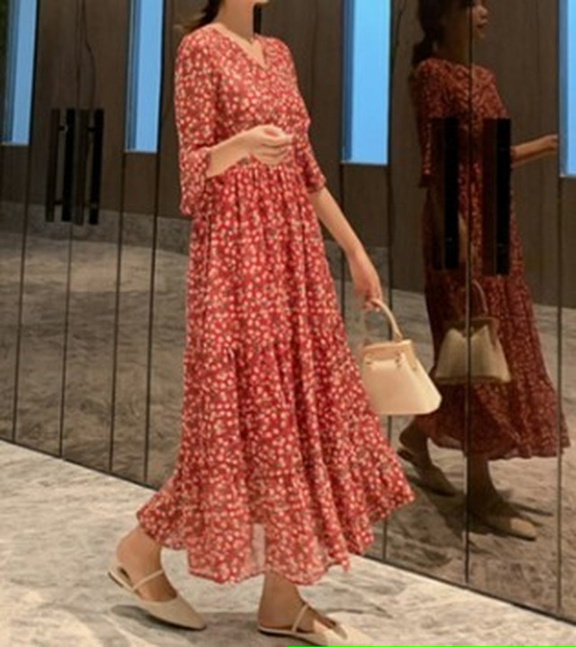 秋物 ワンピース チェリー柄ワンピース ティアードワンピース ロング丈ワンピース カシュクール フレア お出掛け デート Aero True