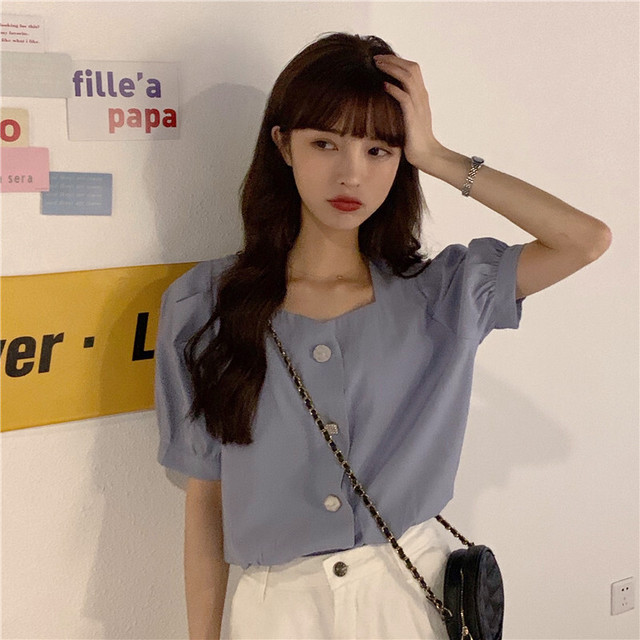 レディース トップス 夏 シャツ ブラウス 半袖 パフスリーブ ボリューム袖 スクエアネック フロントボタン シフォン シャツ シンプル カジュアル おしゃれ 大人可愛い ガーリー お出かけ デート 通勤 オフィス 通学 学生 キャンパス 旅行 普段着 ブルー Hf Haru