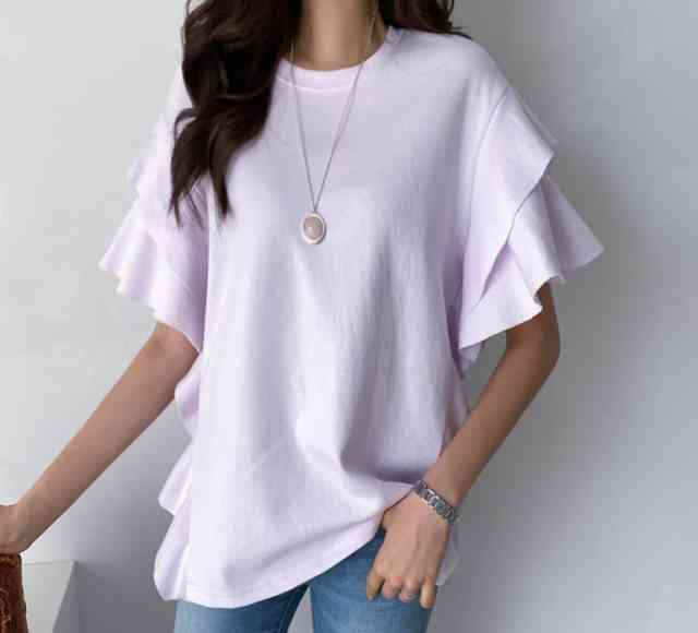 カットソー レディース Tシャツ 半袖 ロンt トップス シンプル 大きいサイズ 春 夏 秋 薄手 きれいめ 袖コンシャス コットン クルーネック 体型カバー 袖あり 二の腕カバー ゆったり ゆるい 痩せて見える 10代 代 30代 40代 フリル 無地 大人 お洒落 キレイ レジャー