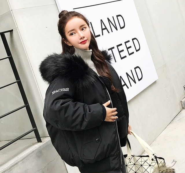 shop ダウンジャケット プリント 英語 ゆったり モコモコネック 毛襟 フード付き ファッション 全4色 Happyearn