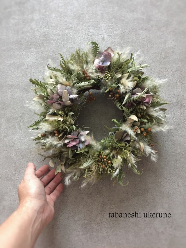 パンパスグラスと秋色紫陽花の 大きなアンティーク リース ドライフラワー Tabaneshi Ukerune