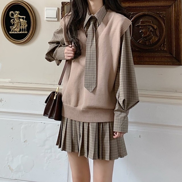 セットアップ ニットベスト ワンピース チェック柄 韓国ファッション レディース ボウタイ リボンタイ プリーツスカート パフ袖 ガーリー Dtc レディースファッション通販 Mask エムエーエスケー 大人可愛い韓国ファッション
