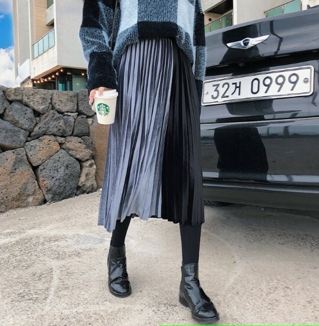 配色 ベロア プリーツ スカート ウエストゴム ロング丈 韓国ファッション きれいめ 光沢 ボトムス シンプル 大人可愛い 女子会 デート お出かけ 韓国系 シック 秋 冬 新作 Idear